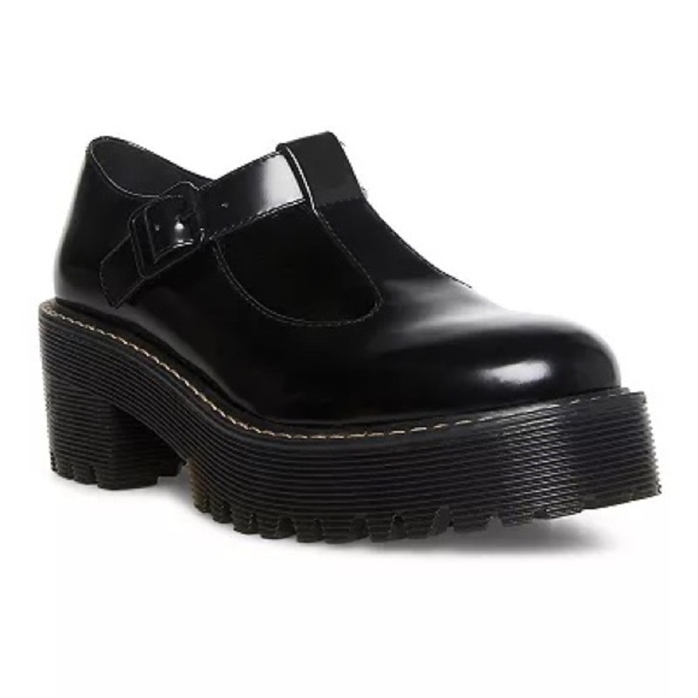 Madden Girl Hollyy Lugg Sole Black Patent T Strap Mary Jane Shoes 8.5 Man Made